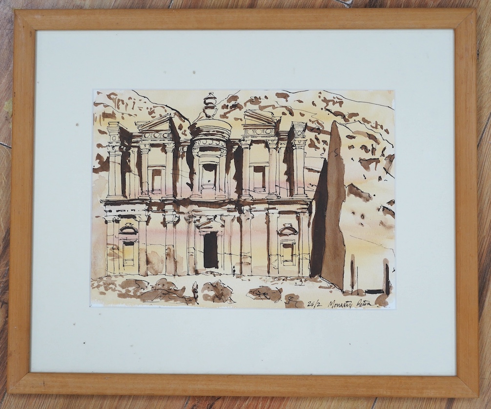 From the Studio of Fred Cuming. Lincoln Taber (1941-1989) pencil and ink, 'Petra, Jordan', inscribed and dated 25/2, 20 x 28cm. Condition - good